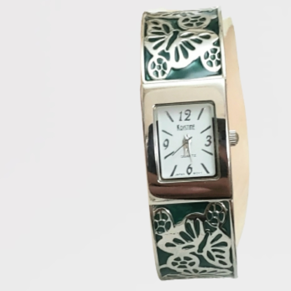 Green Kristine Engraved Butterfly Enamel Cuff Watch Silver Band Quartz